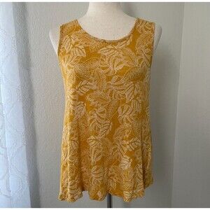 Rachel Zoe Yellow White Leaf Print Tank Top Women's Medium 100% Linen Sleeveless